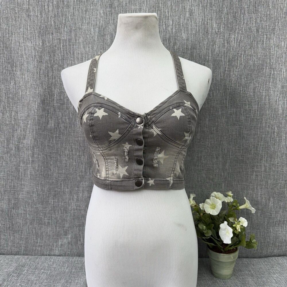 Nollie Women's Medium Distressed Grey Denim Star Print Bustier Corset Top Crop